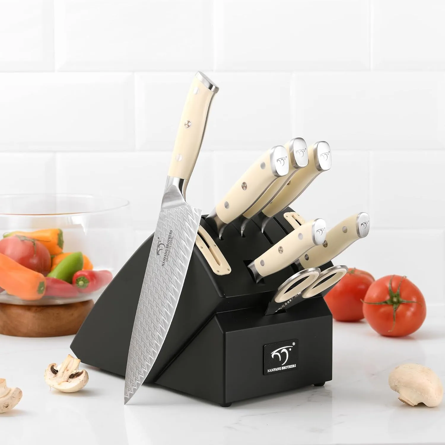 NANFANG BROTHERS Knife Sets 10 Pieces for Kitchen with Block, Damascus Kitchen Knife Set with Block, ABS Ergonomic Handle for Chef Knife Set and Kitchen Shear