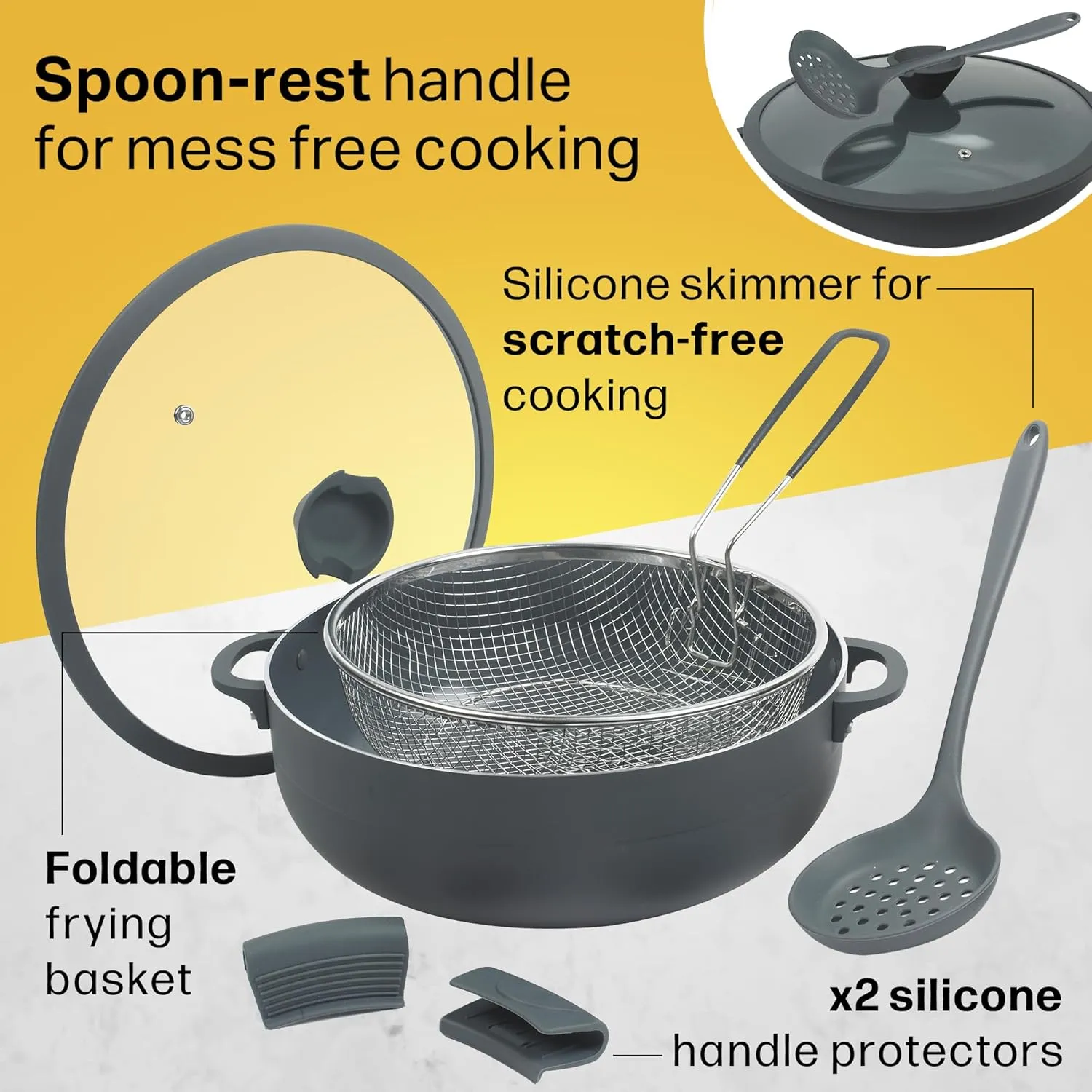 Nativo Nonstick Nontoxic Ceramic Caldero (Dutch Oven) with Glass Lid, Spoon Rest, Silicone Handle Protectors and Silicone Skimmer (GRAY - with Basket, 7 QT)