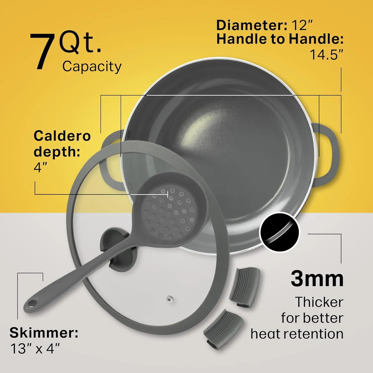 Nativo Nonstick Nontoxic Ceramic Caldero (Dutch Oven) with Glass Lid, Spoon Rest, Silicone Handle Protectors and Silicone Skimmer (GRAY - with Basket, 7 QT)