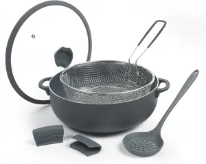 Nativo Nonstick Nontoxic Ceramic Caldero (Dutch Oven) with Glass Lid, Spoon Rest, Silicone Handle Protectors and Silicone Skimmer (GRAY - with Basket, 7 QT)