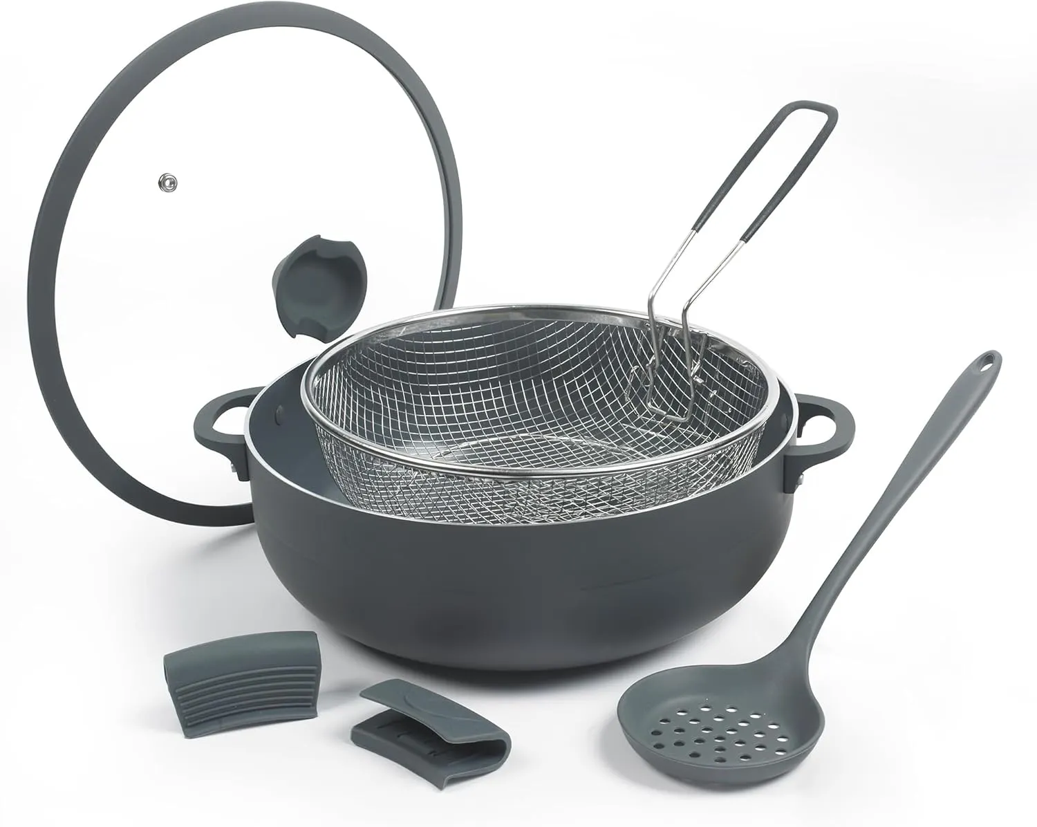Nativo Nonstick Nontoxic Ceramic Caldero (Dutch Oven) with Glass Lid, Spoon Rest, Silicone Handle Protectors and Silicone Skimmer (GRAY - with Basket, 7 QT)