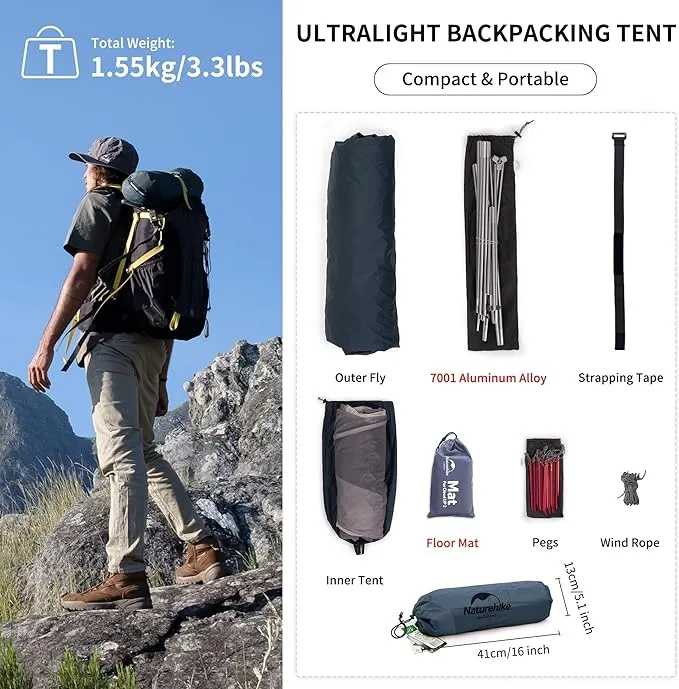 Naturehike Cloud-Up 1 Person Tent Lightweight Backpacking Tent for One Man, Waterproof Ultralight Single Person Tent, Double Layer One Person Tent for Camping Hiking Backpacking