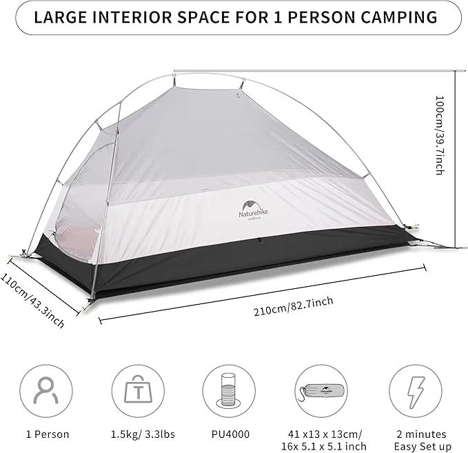 Naturehike Cloud-Up 1 Person Tent Lightweight Backpacking Tent for One Man, Waterproof Ultralight Single Person Tent, Double Layer One Person Tent for Camping Hiking Backpacking