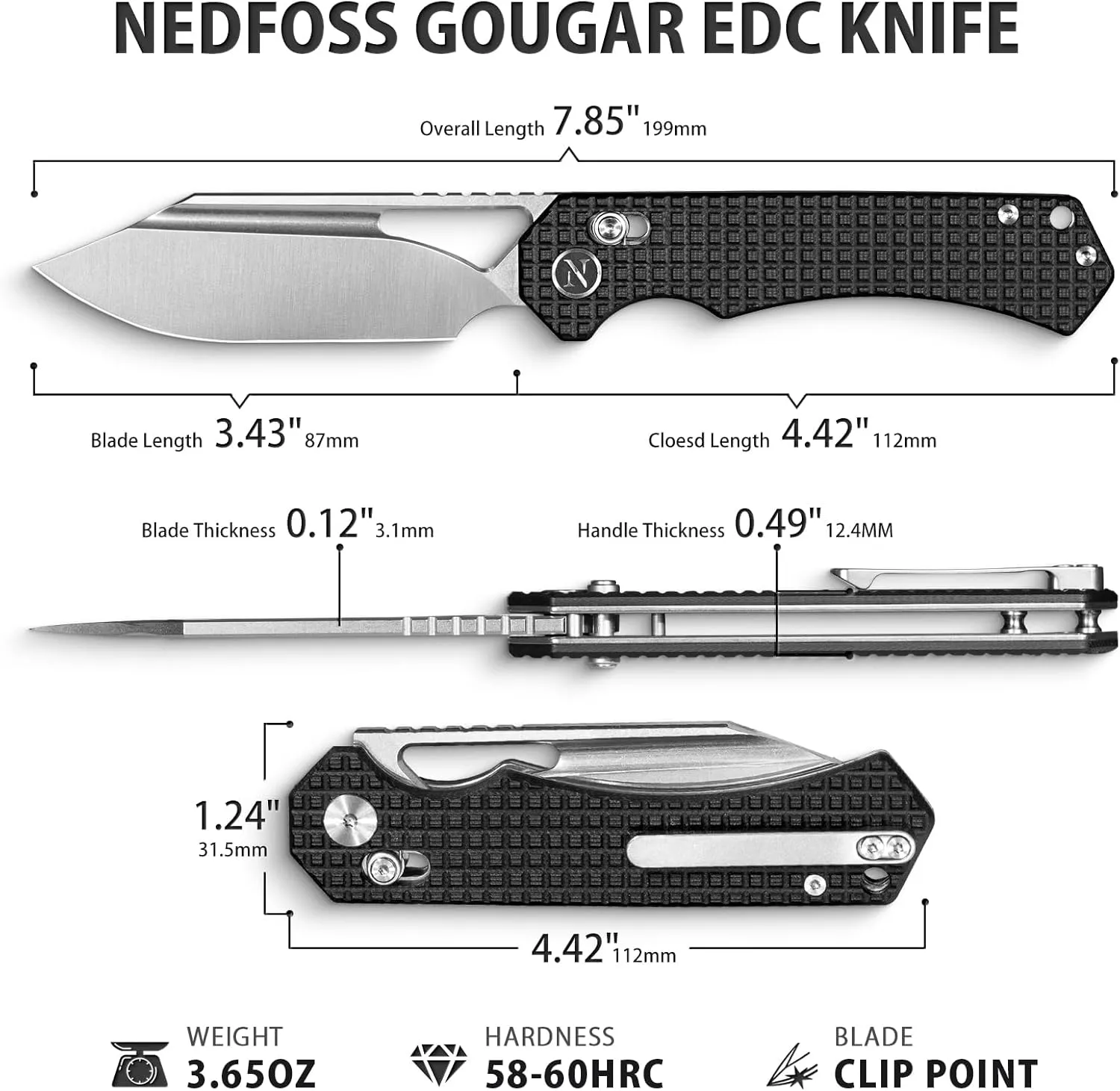 NedFoss COUGAR Folding Pocket Knife, 3" Sandvik 14C28N Blade, G10 Handle, Lightweight Steel Handle, Sharp Crossbar Lock Knife for EDC (Clip Point -Black G10)