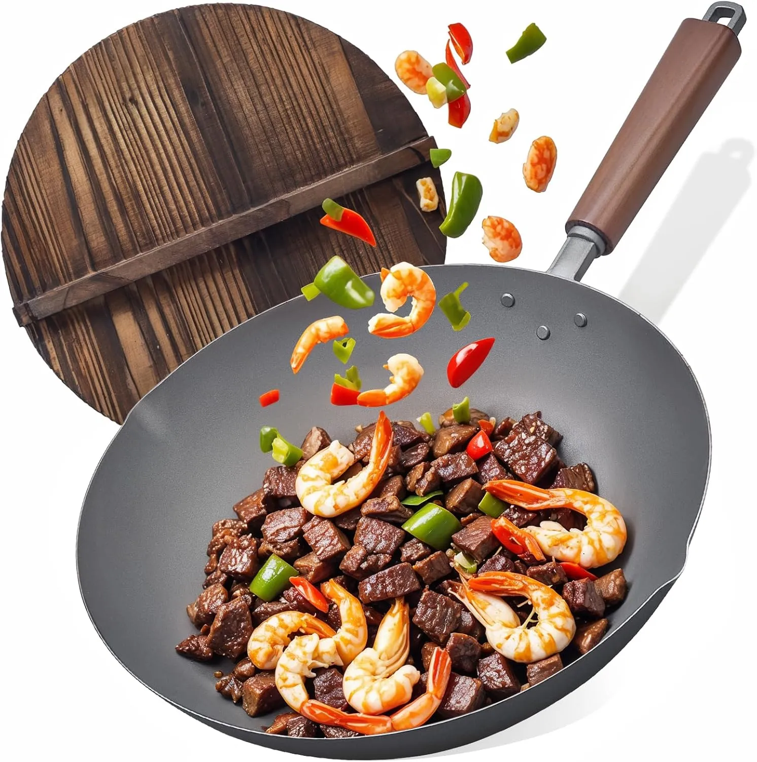 Nonstick 13-Inch Titanium Wok, Dishwasher & Oven-Safe Up to 2800°F, With Wooden Lid and Stay-Cool Removable Handle, Induction-Ready, Compatible with All Cooktops