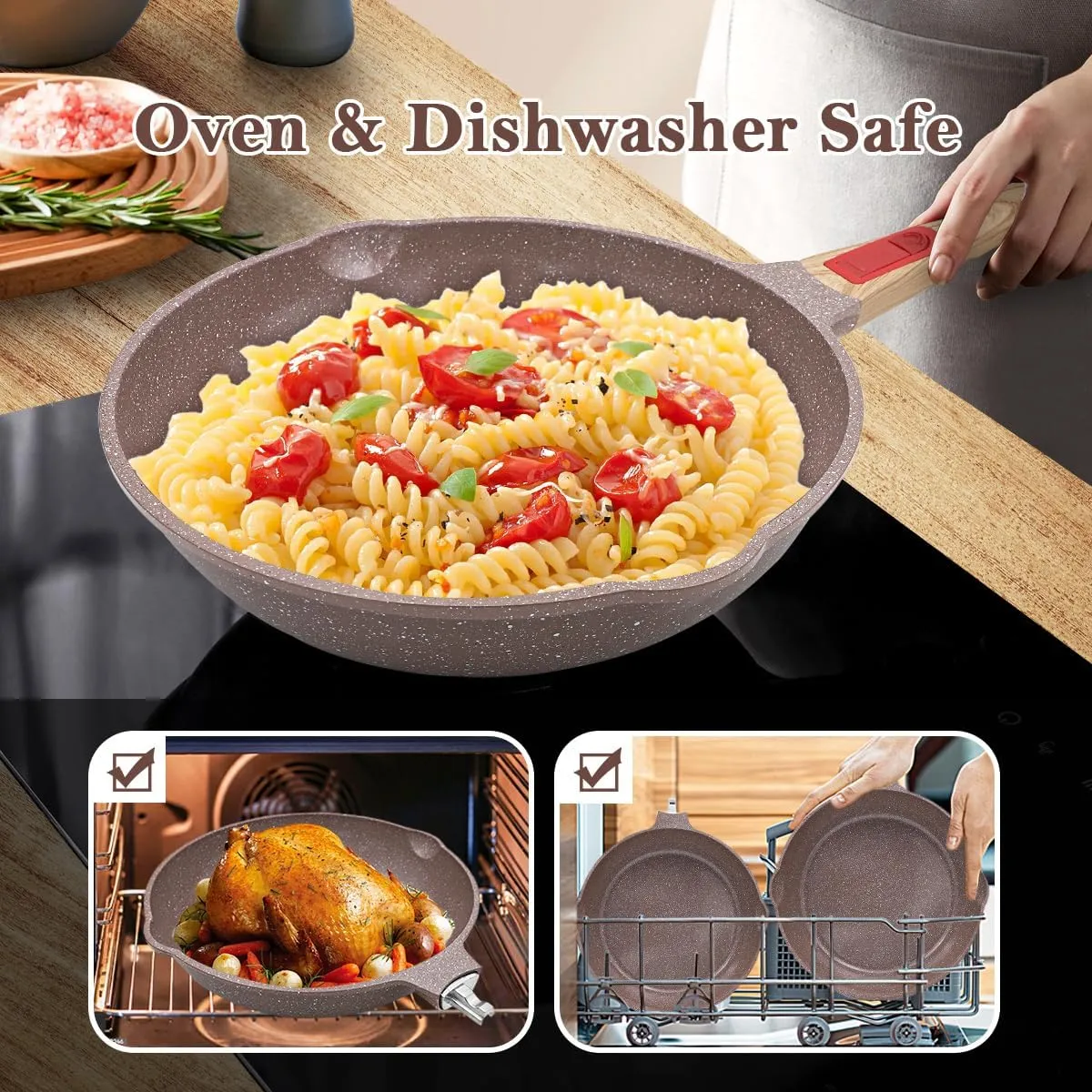 Nonstick Ceramic Deep Frying Pan, 10 Inch Healthy Frying Pan Skillet with Removable Handle, Oven& Dishwasher Safe, PFAS PFOA & PTFE Free (Brown)