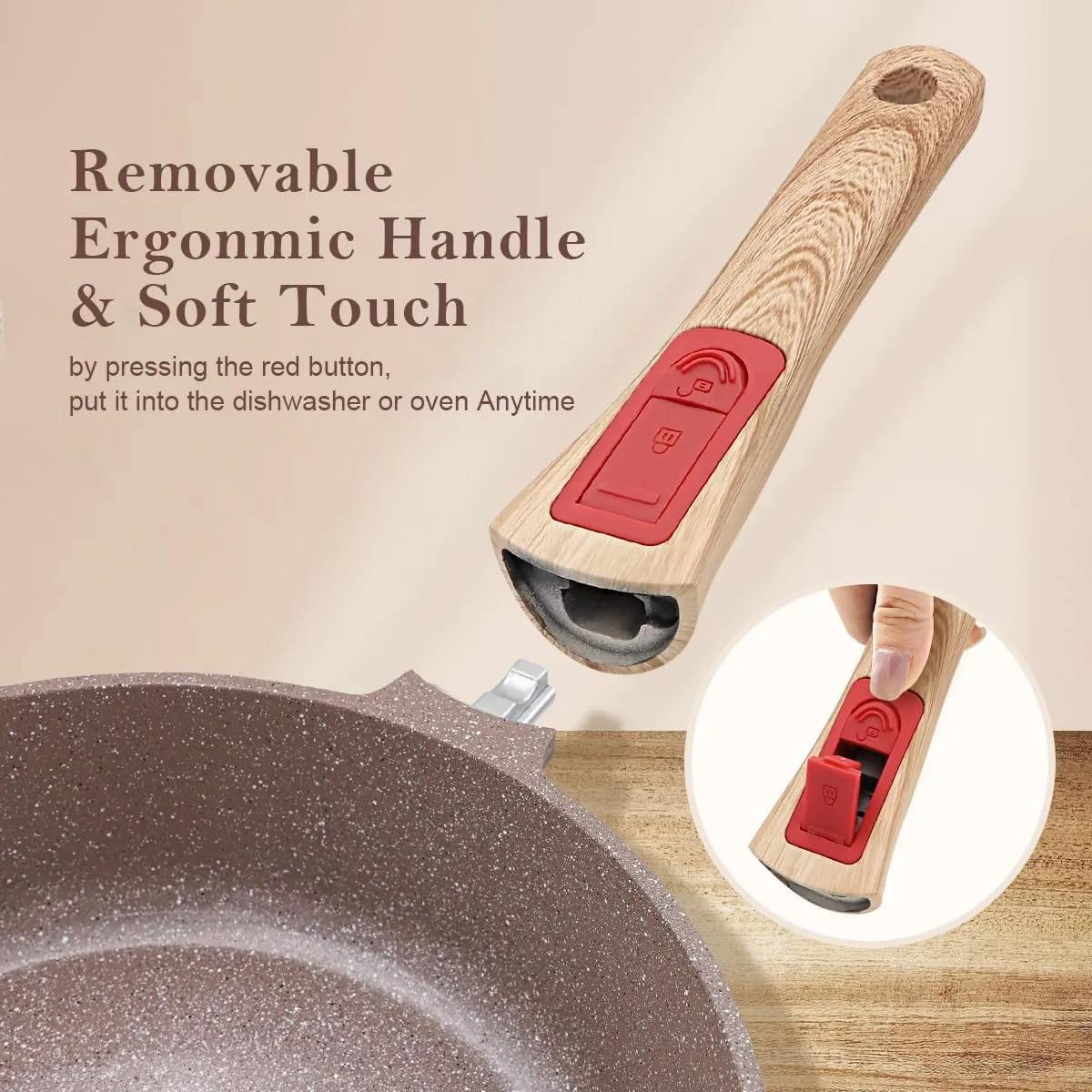 Nonstick Ceramic Deep Frying Pan, 10 Inch Healthy Frying Pan Skillet with Removable Handle, Oven& Dishwasher Safe, PFAS PFOA & PTFE Free (Brown)