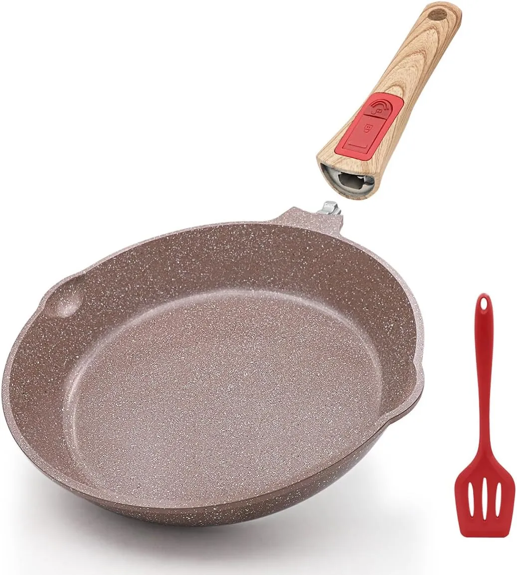 Nonstick Ceramic Deep Frying Pan, 10 Inch Healthy Frying Pan Skillet with Removable Handle, Oven& Dishwasher Safe, PFAS PFOA & PTFE Free (Brown)
