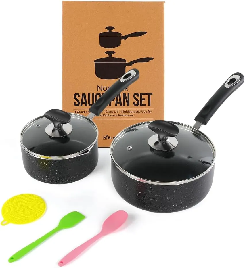Nonstick Saucepan Set - 1 Quart and 2 Quart,Ultra Non Stick Sauce Pan Small Pot with Glass Lid,Great for Home Kitchen Restaurant,Black