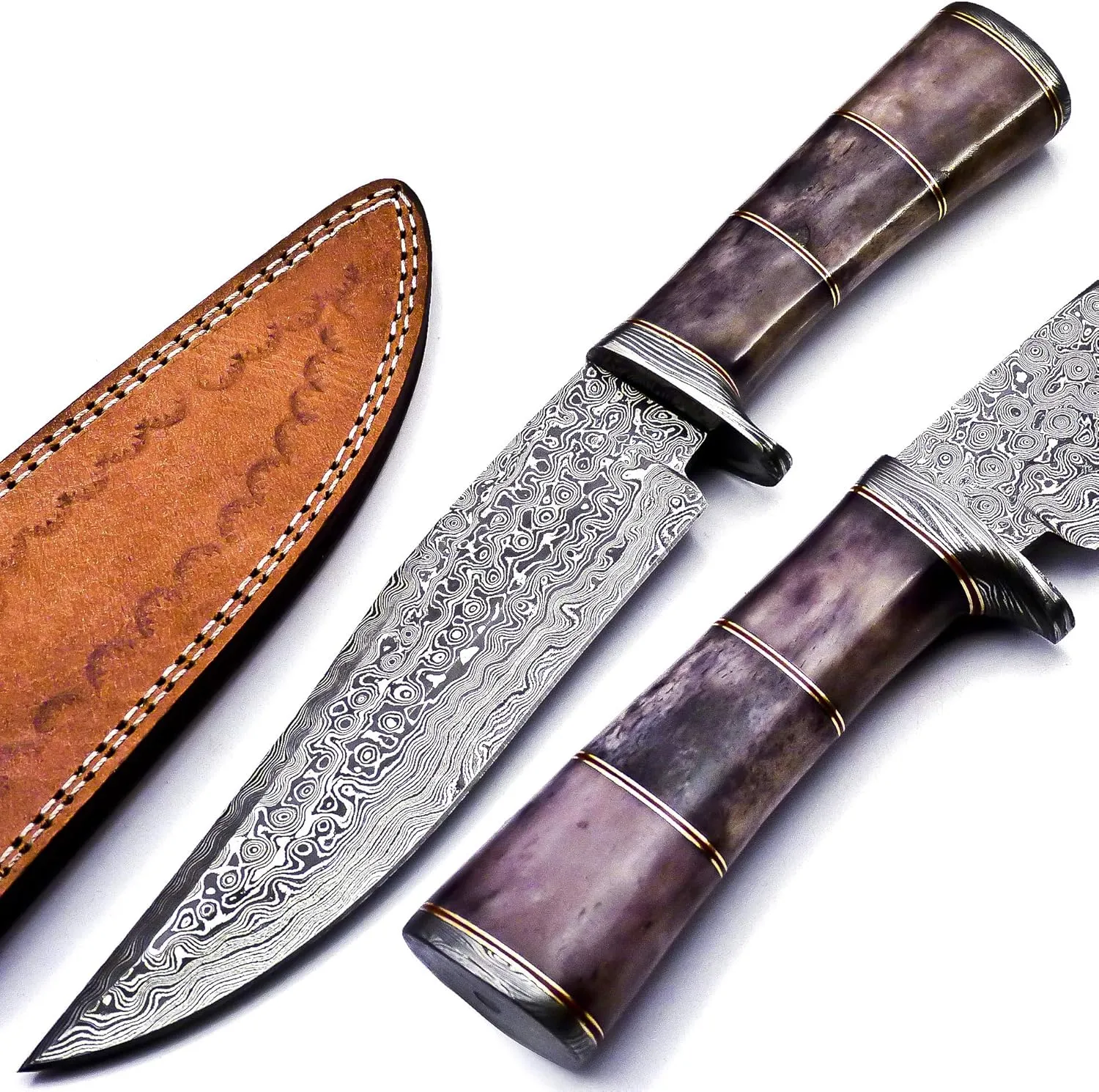 Nooraki BK-30 Handmade Damascus Steel Fixed Blade Bowie Knife with Leather Sheath, Multipurpose Knife with Camel Bone Brass Spicer Handle for Everyday Carry, Camping, Hunting, 12.5" Length