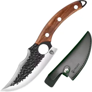 Nordic New Upgraded Hand Forged Viking High Carbon Steel Boning Knife with Leather Sheath, Multipurpose for Meat Cutting, Kitchen, Camping, BBQ, (Brown)