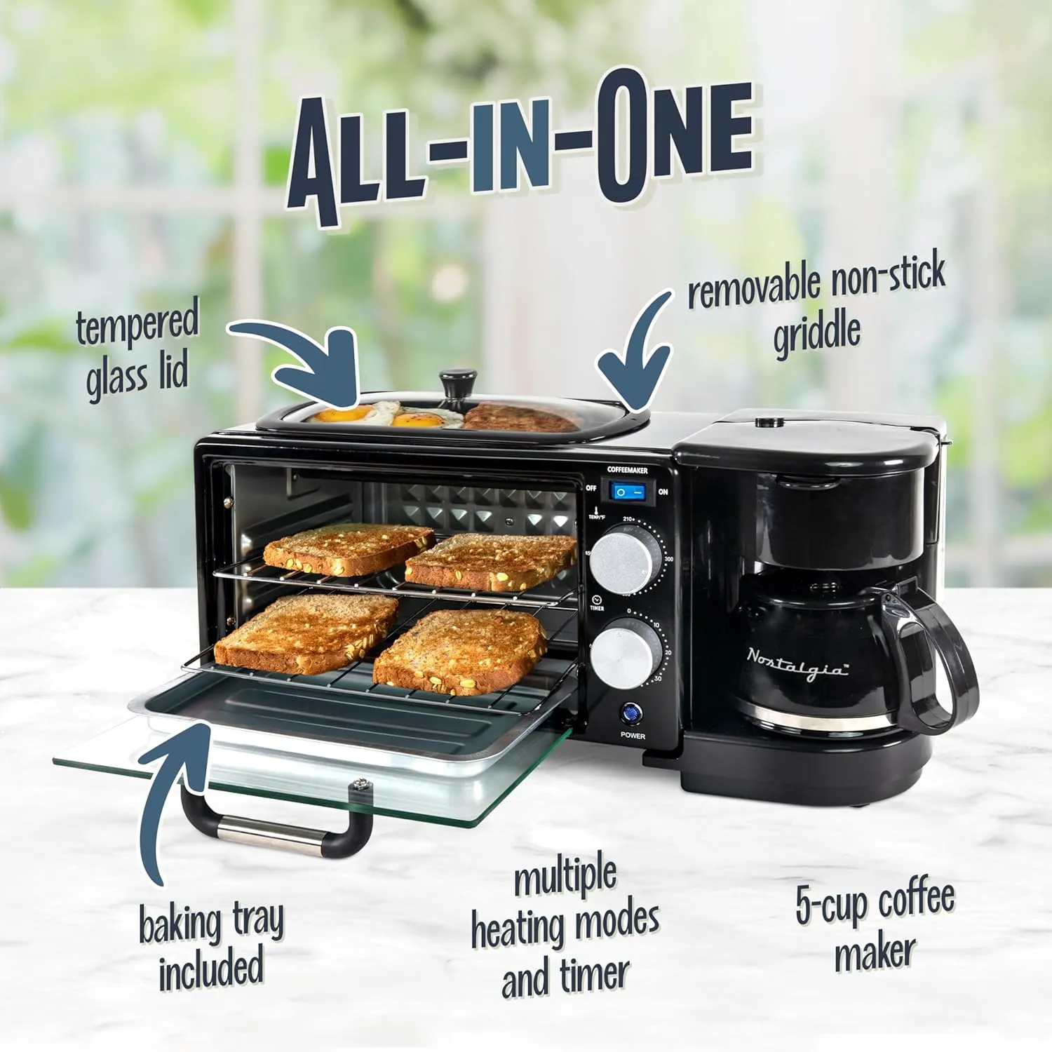 Nostalgia 3-in-1 Retro Breakfast Station - Includes 5 Cup Coffee Maker, Non-Stick Ceramic Griddle, and 4-Slice Toaster Oven - Built-In Timer, Reusable Coffee Filter, Space-Saving Design - Black