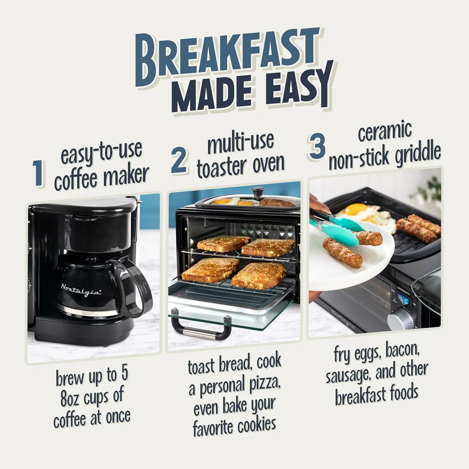 Nostalgia 3-in-1 Retro Breakfast Station - Includes 5 Cup Coffee Maker, Non-Stick Ceramic Griddle, and 4-Slice Toaster Oven - Built-In Timer, Reusable Coffee Filter, Space-Saving Design - Black
