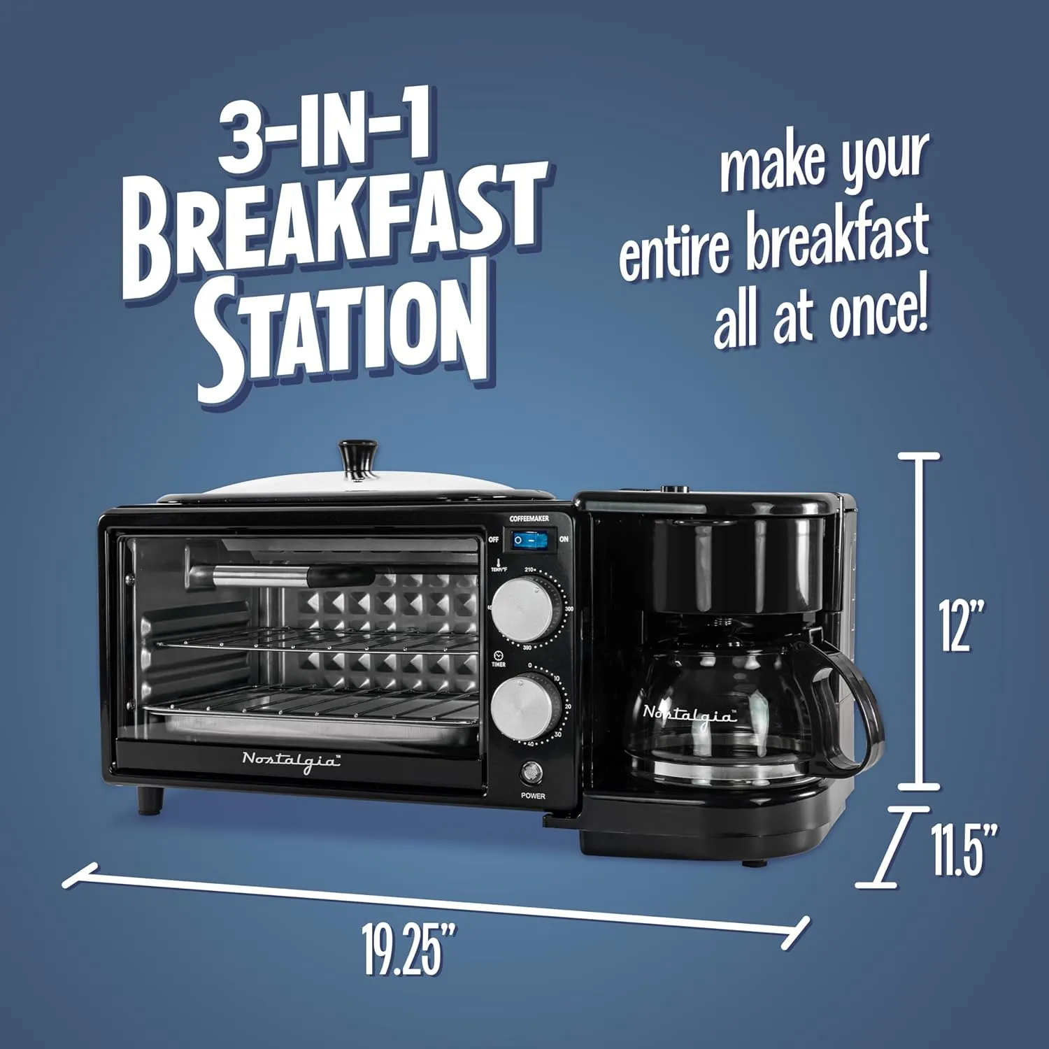 Nostalgia 3-in-1 Retro Breakfast Station - Includes 5 Cup Coffee Maker, Non-Stick Ceramic Griddle, and 4-Slice Toaster Oven - Built-In Timer, Reusable Coffee Filter, Space-Saving Design - Black