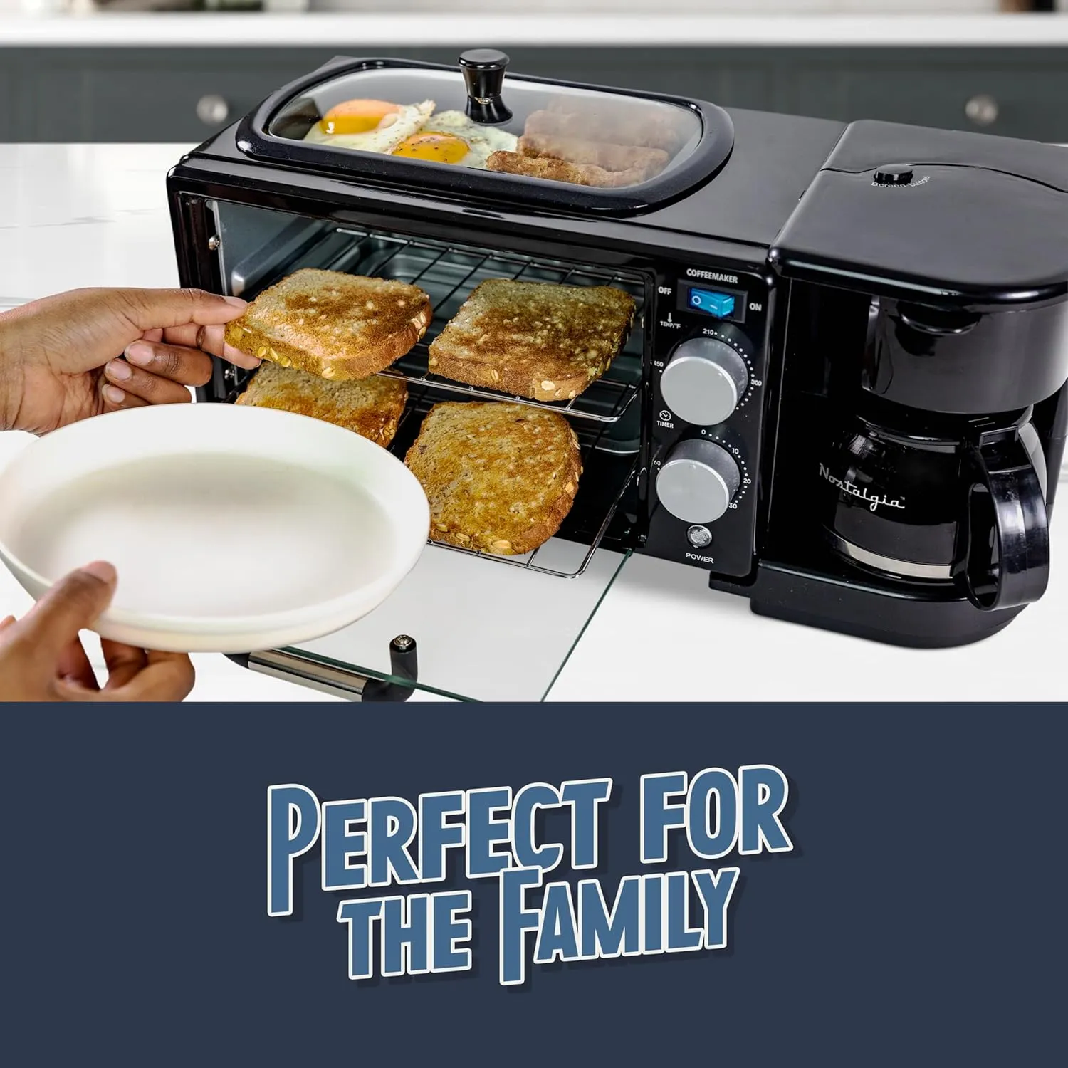 Nostalgia 3-in-1 Retro Breakfast Station - Includes 5 Cup Coffee Maker, Non-Stick Ceramic Griddle, and 4-Slice Toaster Oven - Built-In Timer, Reusable Coffee Filter, Space-Saving Design - Black