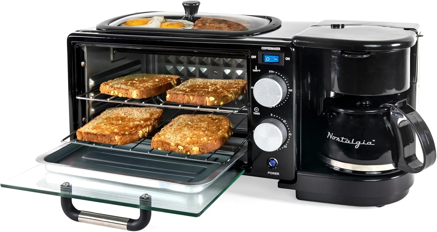 Nostalgia 3-in-1 Retro Breakfast Station - Includes 5 Cup Coffee Maker, Non-Stick Ceramic Griddle, and 4-Slice Toaster Oven - Built-In Timer, Reusable Coffee Filter, Space-Saving Design - Black