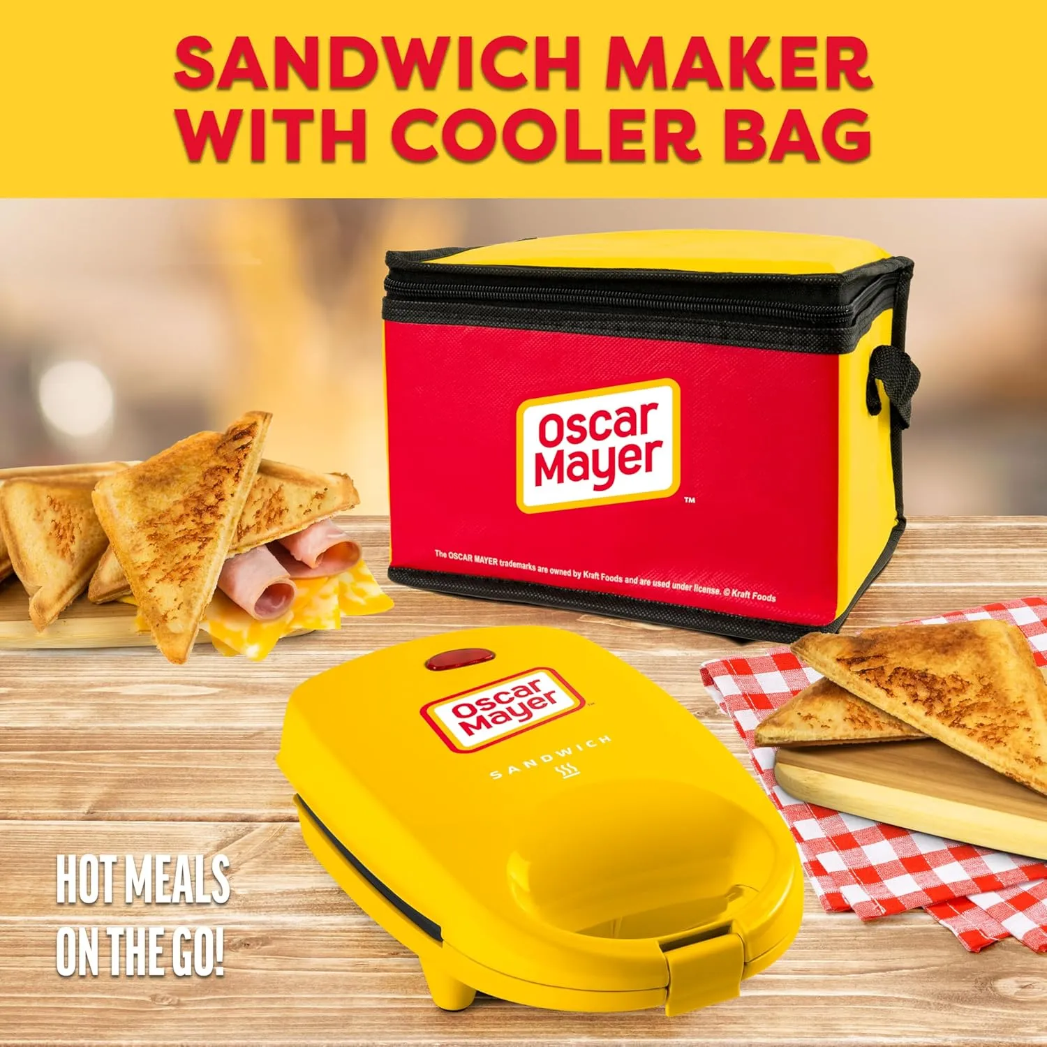 Nostalgia Oscar Mayer Sandwich Maker with Beverage Cooler Bag, 5-Inch Nonstick Cooking Surface with Indicator Lights and Lock Feature, Lunch and Beverage Tote Included, Yellow
