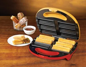 Nostalgia Taco Tuesday Electric Churro Maker – Nonstick, 6-Slot Dual Cooking Plates for Homemade Churros and Cinnamon Pasties – Yellow and Red