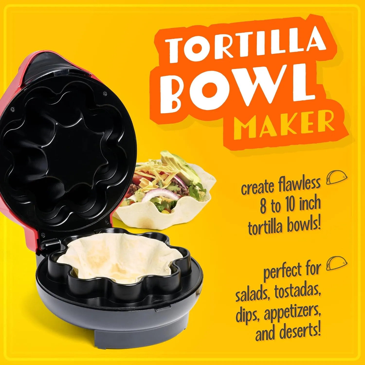 Nostalgia Taco Tuesday Tortilla Bowl Maker For Baked Taco Bowls, Tostadas, Salads, Dips, Appetizers, and Desserts, 8 to 10 Inch Tortillas, Red
