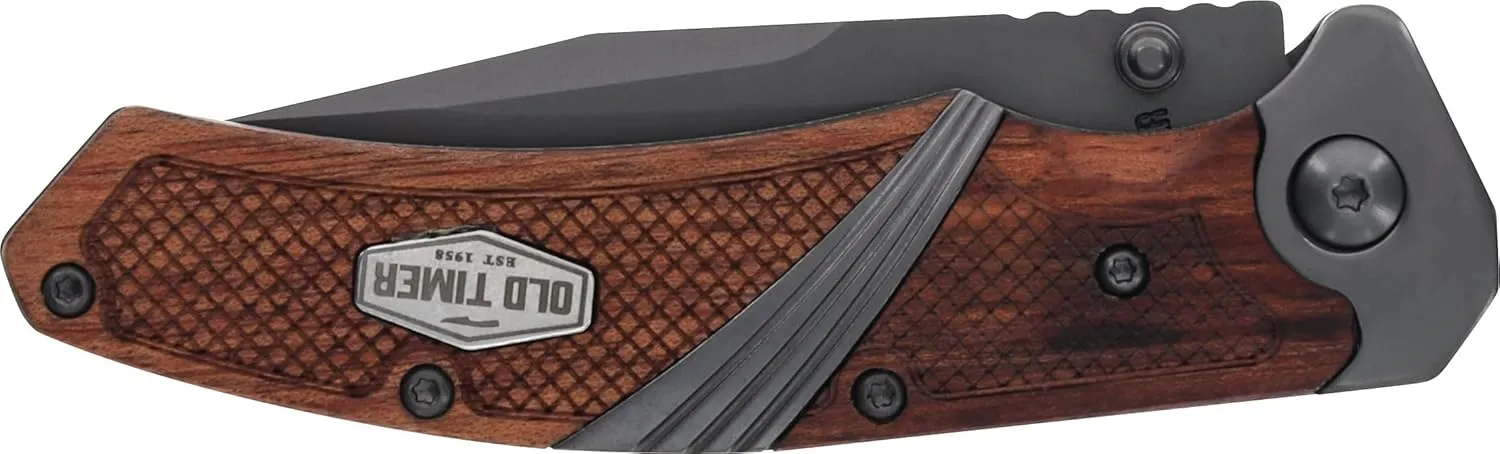 Old Timer OT Wood 7in High Carbon S.S. Spring Assisted Folding Knife with a 3in Drop Point Blade and Ironwood Handle for Outdoor