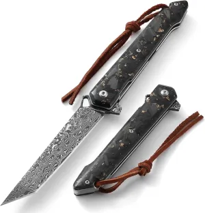 Omesio Damascus Tanto Pocket Knife for Men Women, 3.94” Folding Knife with Flipper Liner Lock Carbon Fiber Handle, EDC VG10 67-Layers Damascus Steel Knife for Camping Hunting Collection Gift (Black)