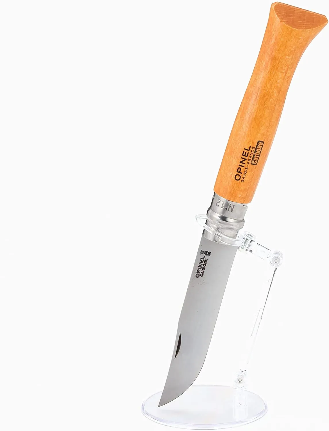 Opinel No. 12 Carbone - Carbon Steel Folding Pocket Knife, Beechwood Handle, 4.82 in Blade, Virobloc Safety Locking Collar, Made in France since 1890