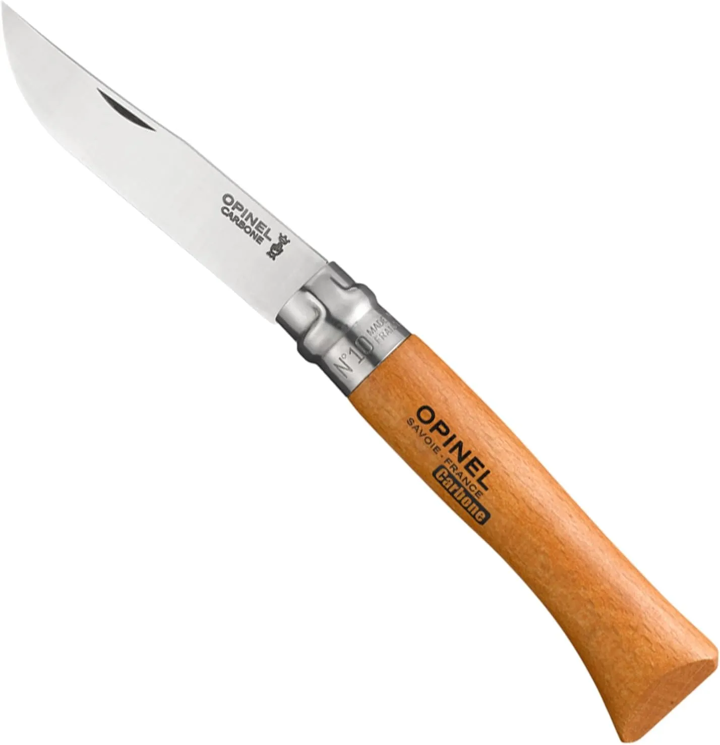 Opinel No. 12 Carbone - Carbon Steel Folding Pocket Knife, Beechwood Handle, 4.82 in Blade, Virobloc Safety Locking Collar, Made in France since 1890