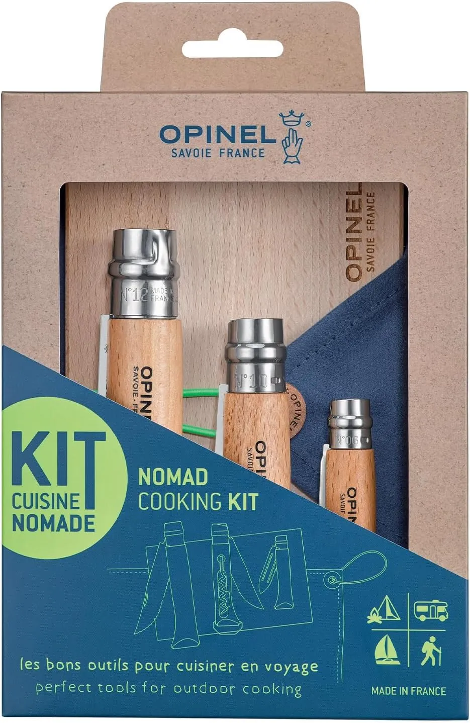 OPINEL Nomad Camping Kitchen Utensil Kit, Includes No.12 Serrated Knife, No. 10 Corkscrew Knife, No. 6 Peeler, Cutting Board