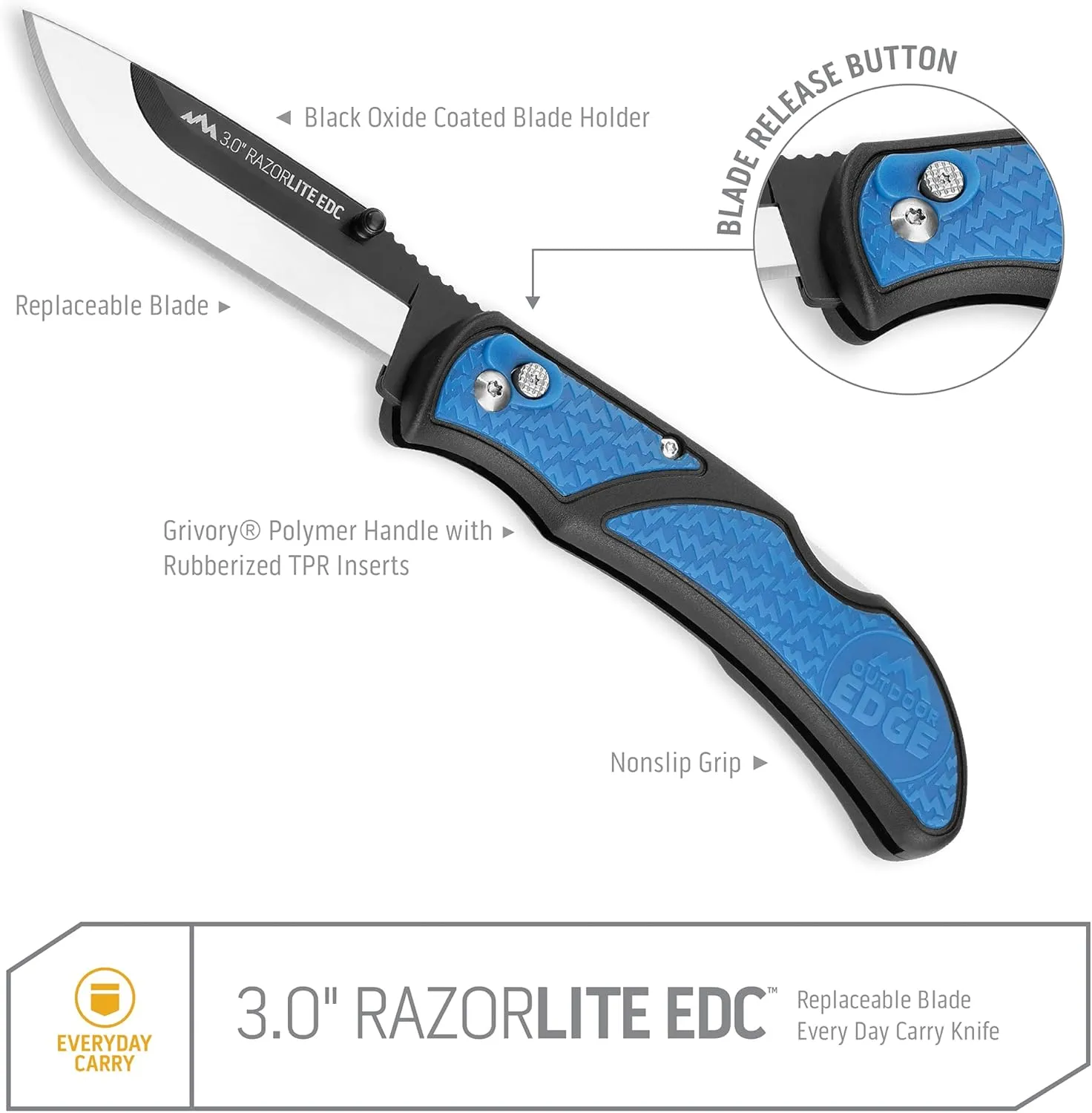 OUTDOOR EDGE 3.0" RazorLite EDC - Replaceable Blade EDC Folding Knife with Pocket Clip and One Hand Opening for Everyday Carry (Blue, 4 Blades)