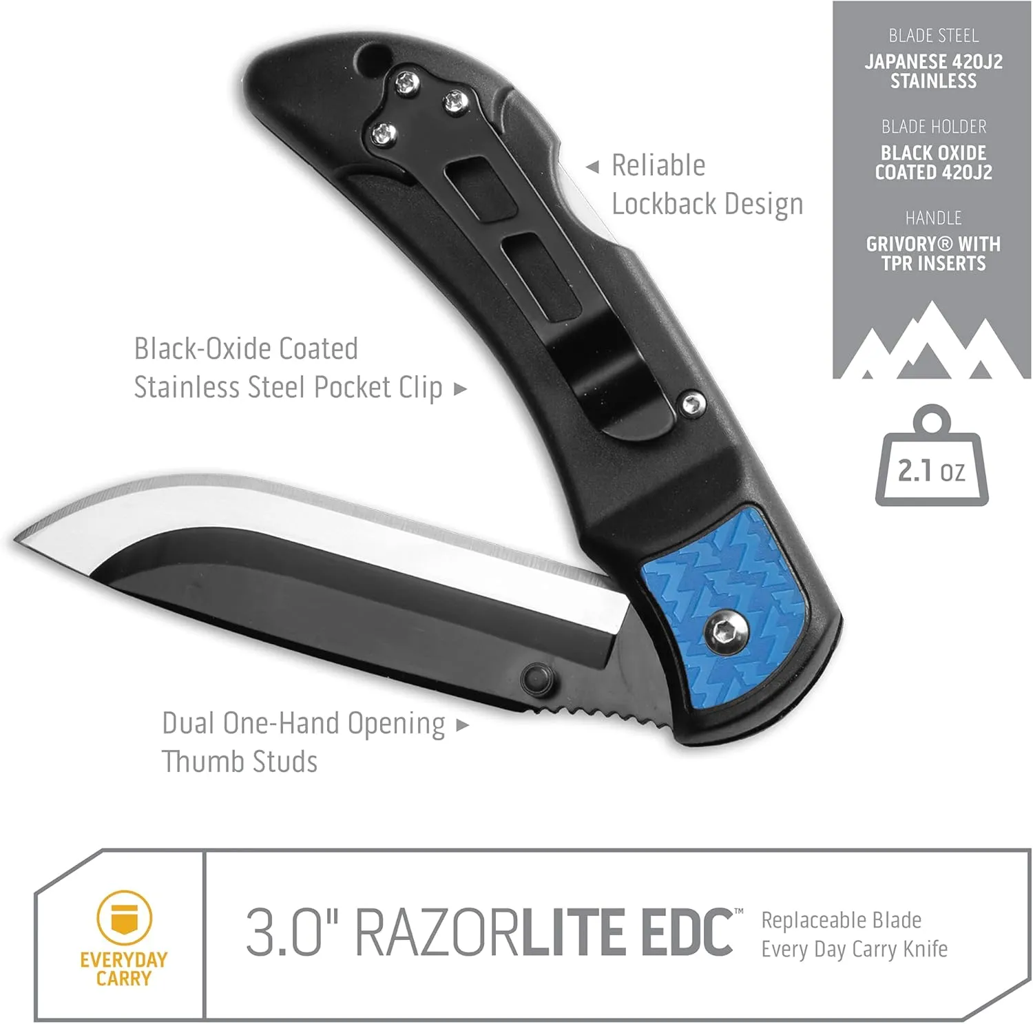 OUTDOOR EDGE 3.0" RazorLite EDC - Replaceable Blade EDC Folding Knife with Pocket Clip and One Hand Opening for Everyday Carry (Blue, 4 Blades)