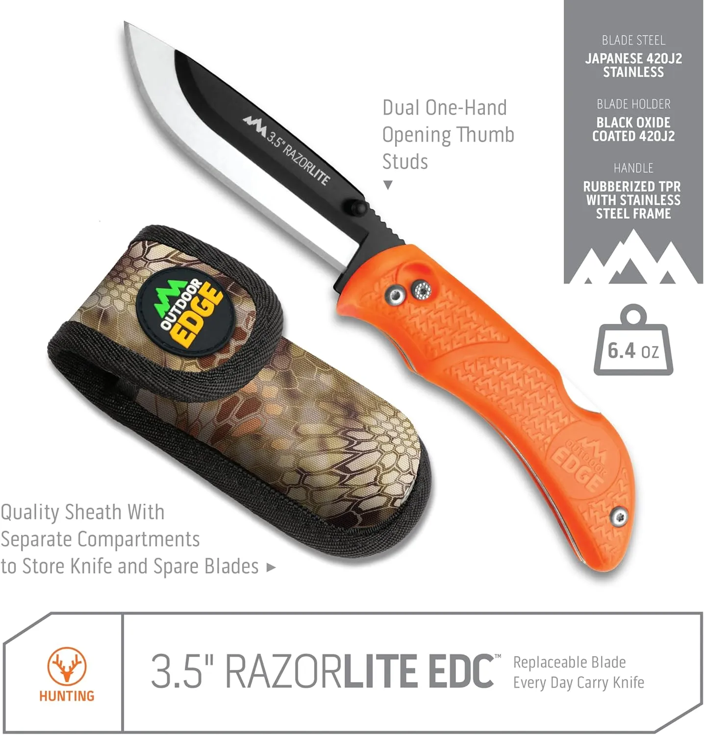 OUTDOOR EDGE RazorBlaze, RB-20, 3.5" Replaceable Blade Folding Hunting Knife, Non-Slip Rubberized TPR Handle (Blaze Orange)