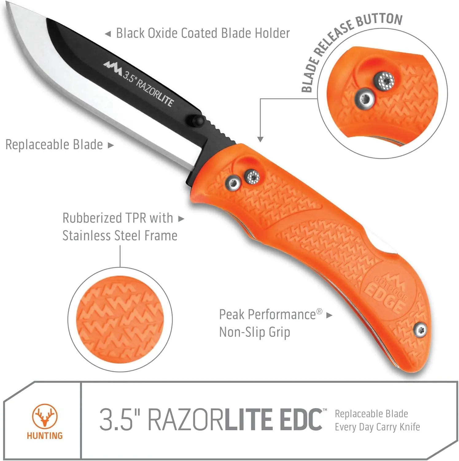 OUTDOOR EDGE RazorBlaze, RB-20, 3.5" Replaceable Blade Folding Hunting Knife, Non-Slip Rubberized TPR Handle (Blaze Orange)