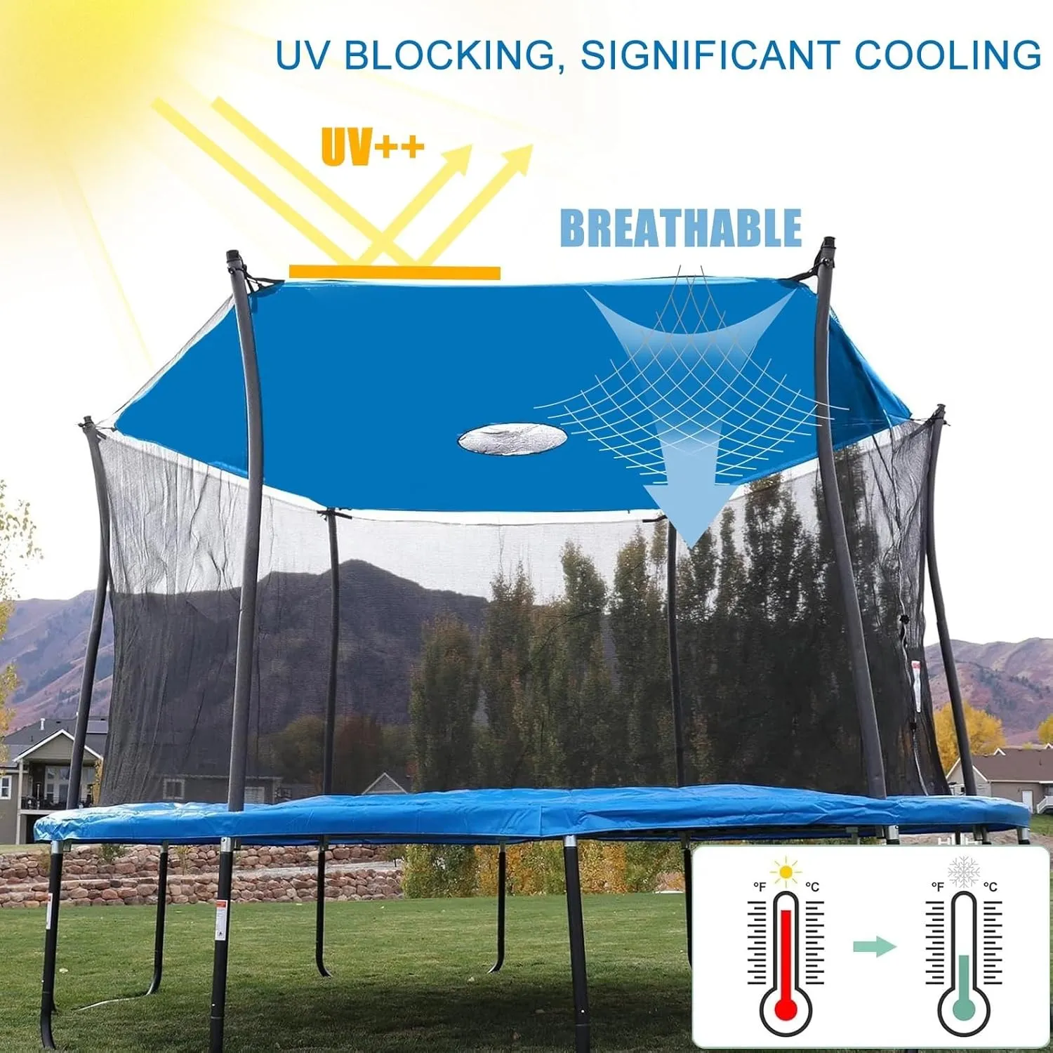 Outdoor Trampoline Cover Shade Tent Cover with Ties for 6ft, 8ft, 10ft, 12ft, 14ft, 16ft Trampolines Cover Top, Easy to Install Outdoor Sports Sun Shade Top Cover Roof Sunshade (16ft 12 poles)