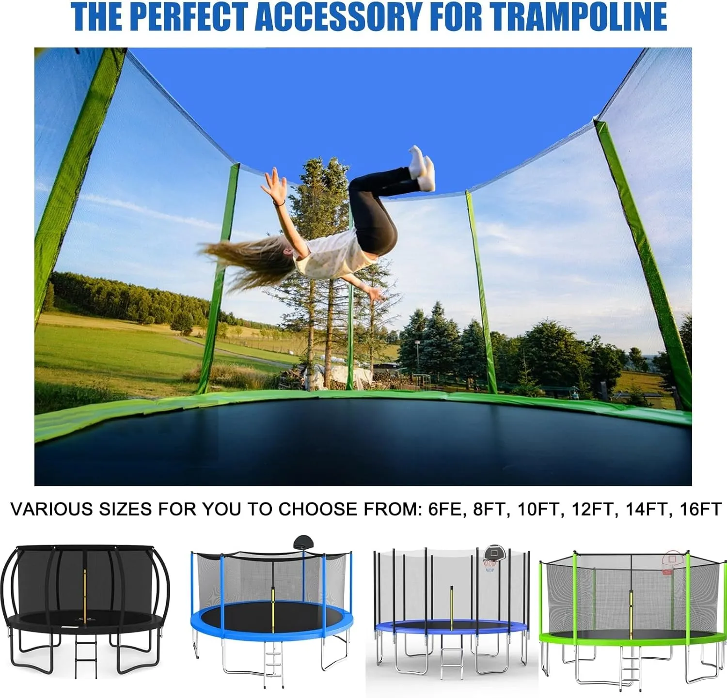 Outdoor Trampoline Cover Shade Tent Cover with Ties for 6ft, 8ft, 10ft, 12ft, 14ft, 16ft Trampolines Cover Top, Easy to Install Outdoor Sports Sun Shade Top Cover Roof Sunshade (16ft 12 poles)