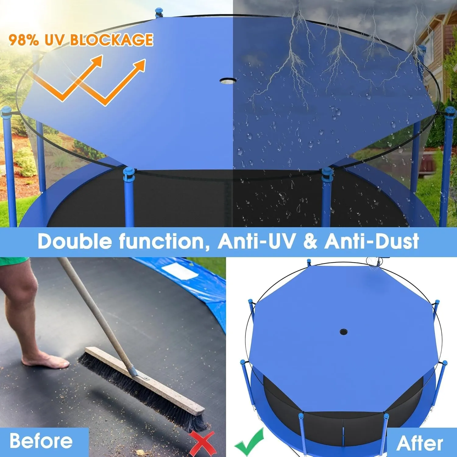Outdoor Trampoline Cover Shade Tent Cover with Ties for 6ft, 8ft, 10ft, 12ft, 14ft, 16ft Trampolines Cover Top, Easy to Install Outdoor Sports Sun Shade Top Cover Roof Sunshade (16ft 12 poles)