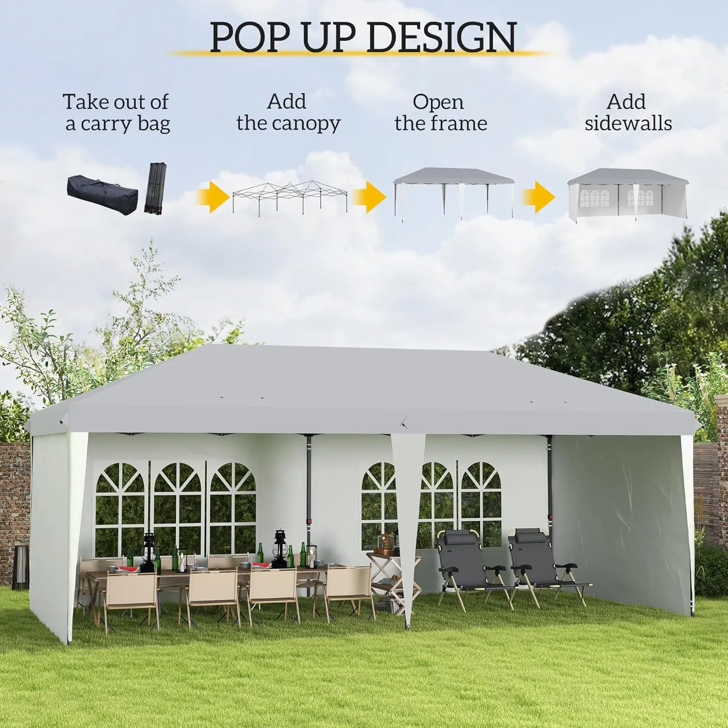 Outsunny 10' x 20' Pop Up Canopy Tent with 4 Sidewalls, Heavy Duty Tents for Parties, Outdoor Instant Gazebo with Carrying Bag for Garden, Patio, White