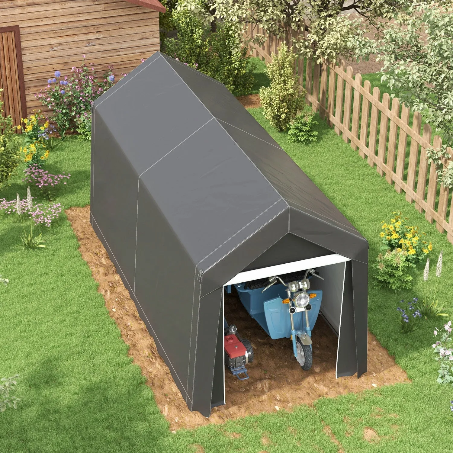Outsunny 7' X 12' Portable Shed, Outdoor Shed With Roll-up Door, Dark Grey