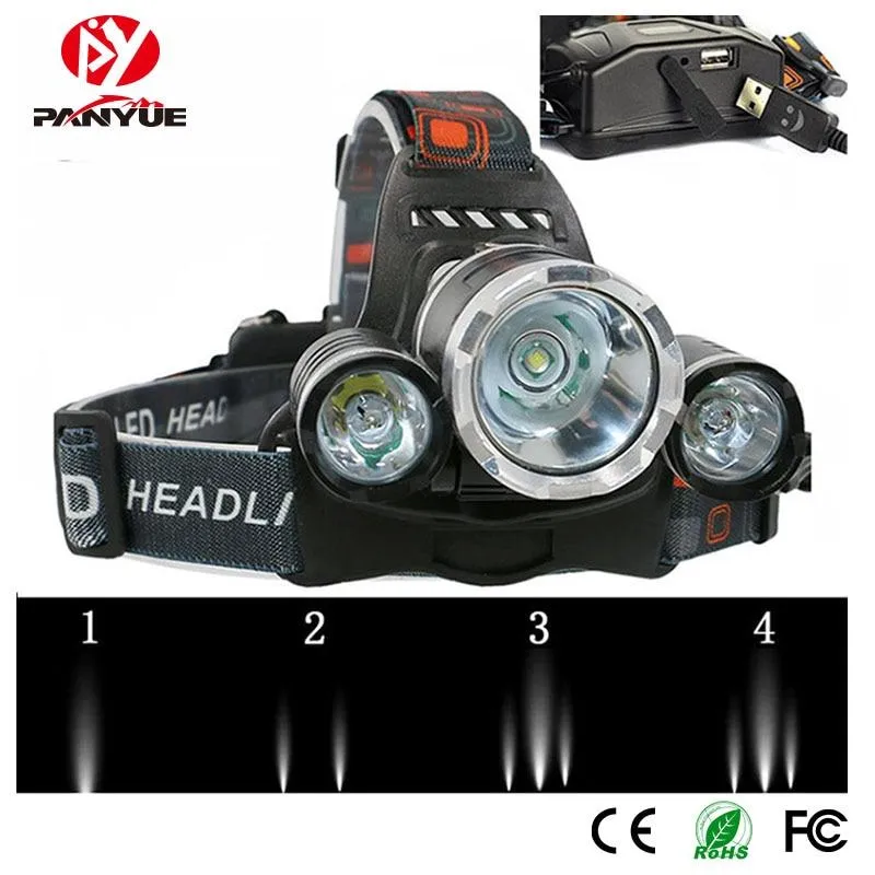 PANYUE High Power RJ5000 5000 lumen 3T6 Aluminum USB Rechargeable Zoomable LED Head Lamp Headlamp 2*18650 battery Headlight