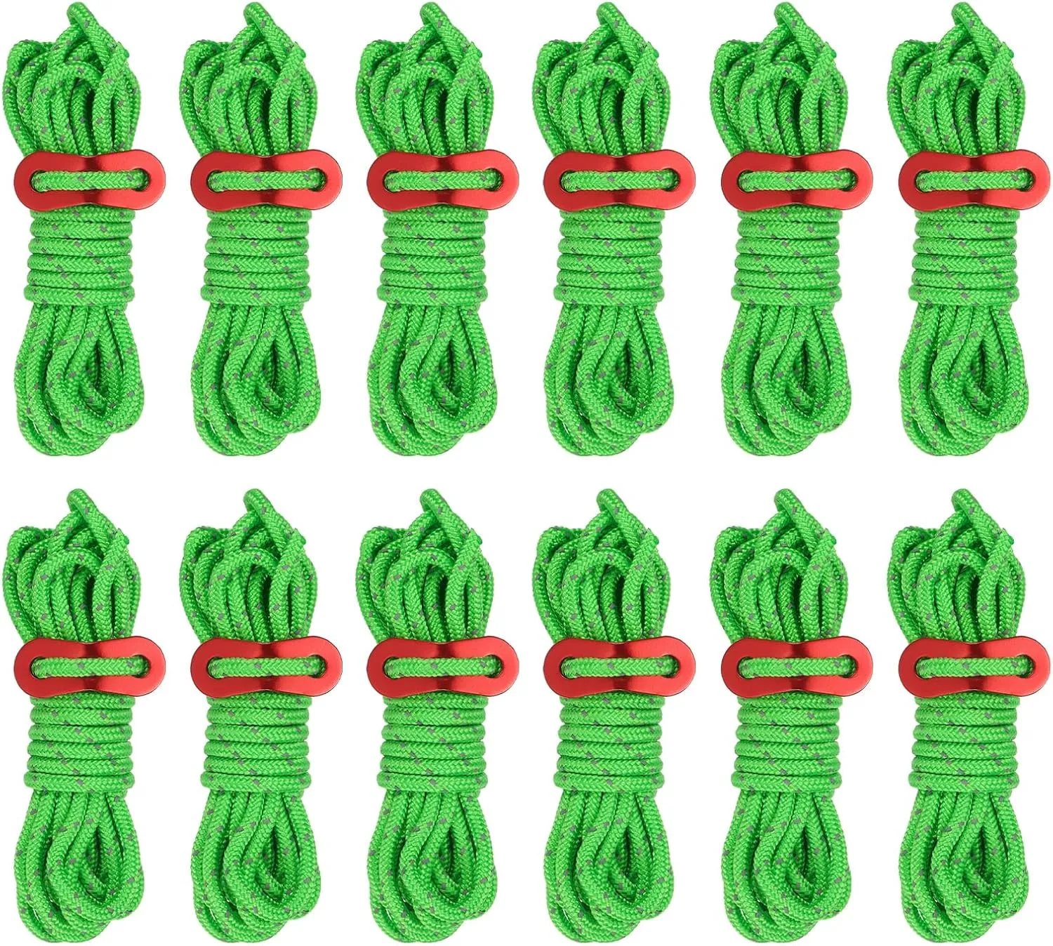 PATIKIL 4mm Tent Rope, 12 Pack 13ft Reflective Guyline Cord Tied Downs Rope Paracord Cord Camping Ropes with Red Aluminum Cord Adjusters for Camping Hiking Tent, Green