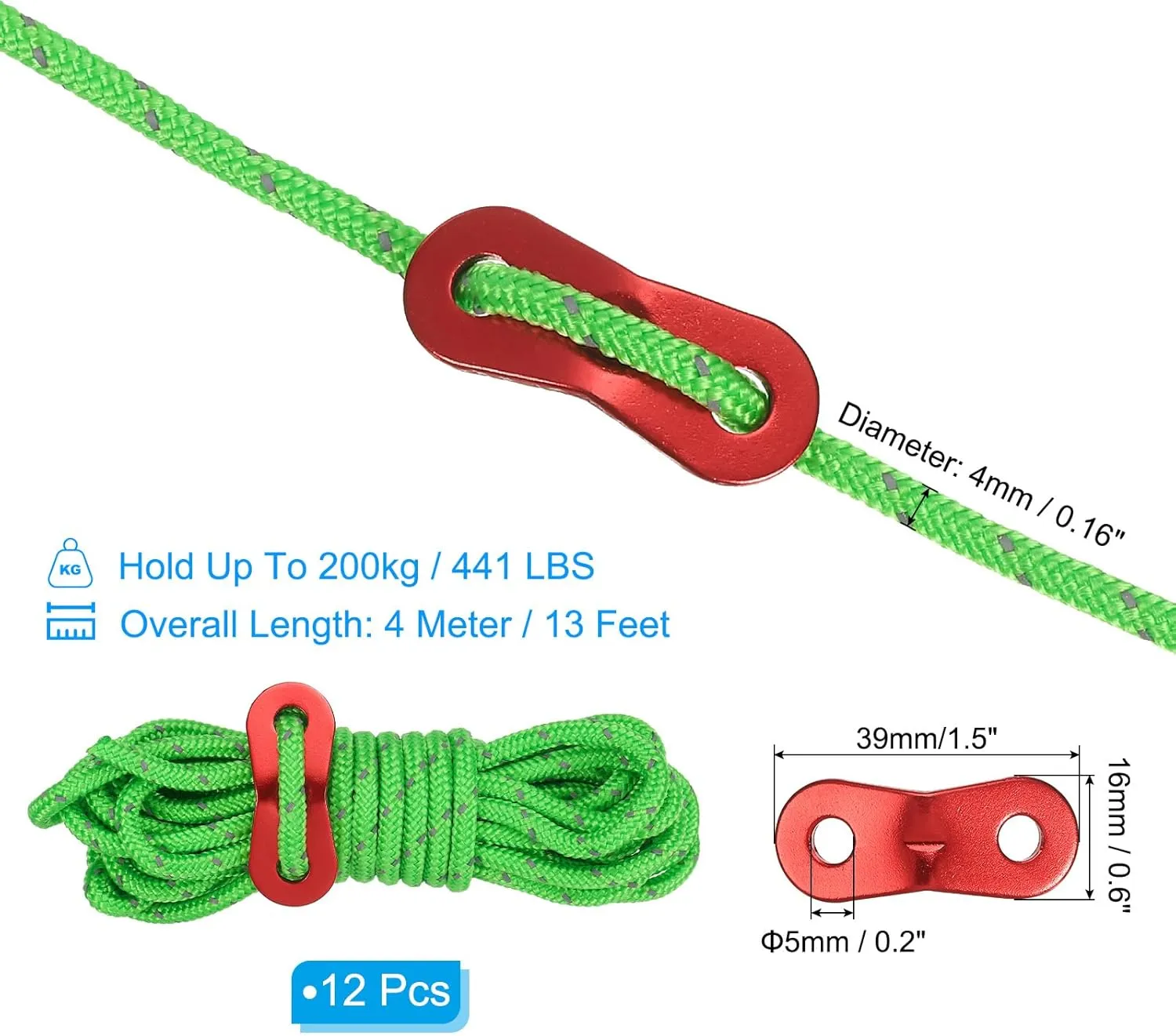 PATIKIL 4mm Tent Rope, 12 Pack 13ft Reflective Guyline Cord Tied Downs Rope Paracord Cord Camping Ropes with Red Aluminum Cord Adjusters for Camping Hiking Tent, Green