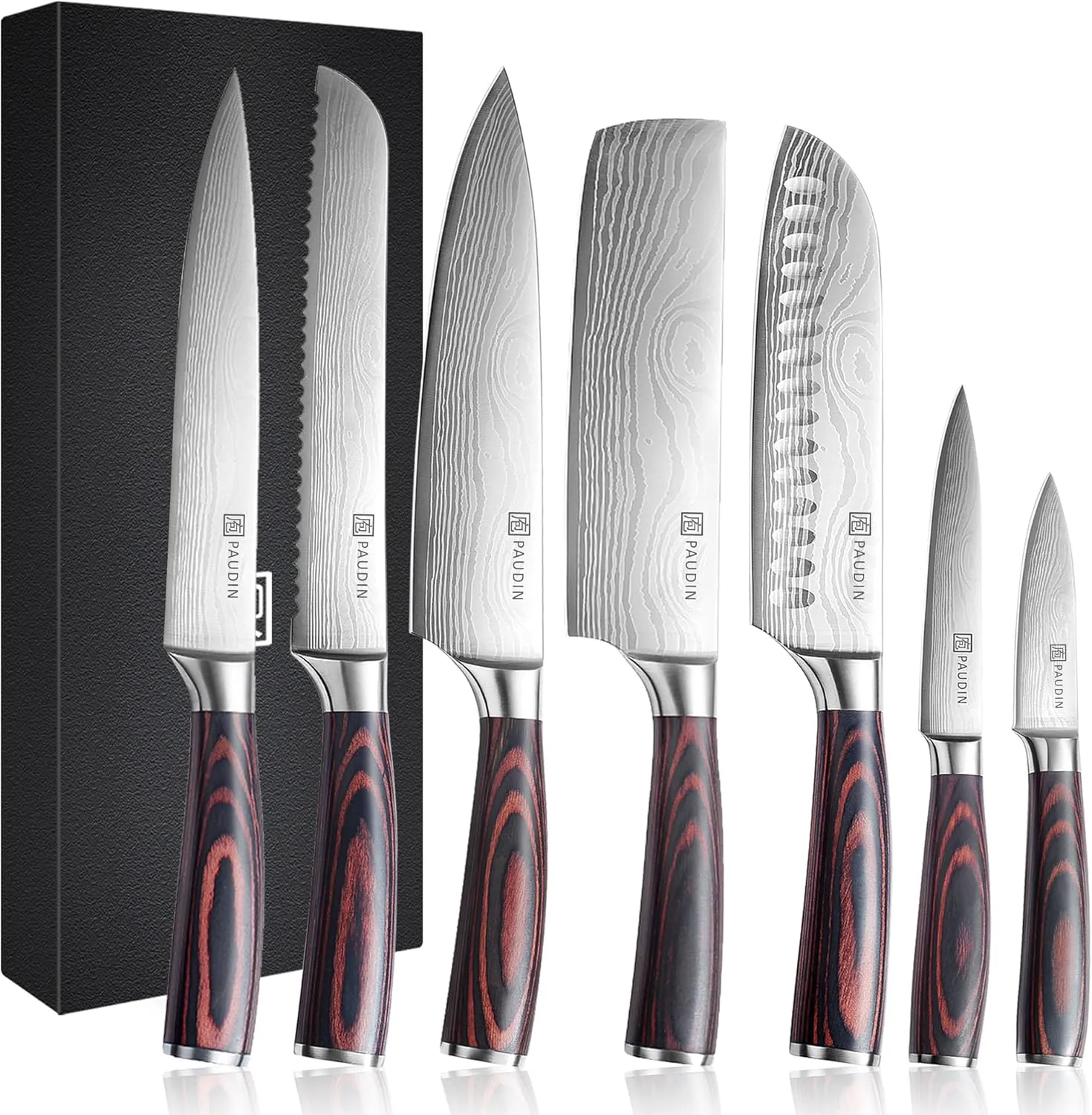 PAUDIN Chef Knife Set, 7 Pieces Kitchen Knife Set, High Carbon Stainless Steel, Ultra Sharp Knife Set, Professional Knives Set for Kitchen with Pakkawood Handle