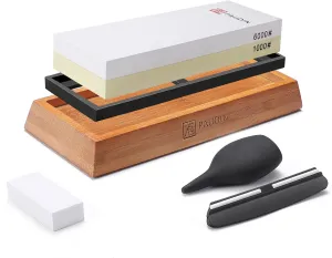Paudin Premium Whetstone Knife Sharpener Stone Kit 1000/6000 Grit - Japanese Waterstone Sharpening Stones for Knives with Flattening Stone, Bamboo Base, NonSlip Base, Angle Guide & Water absorber