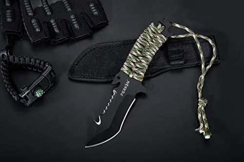 Perkin Hunting Knives CH999 Hunting Knife with Sheath Fix Blade Knife Tanto Blade and with Gut Hook