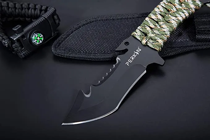 Perkin Hunting Knives CH999 Hunting Knife with Sheath Fix Blade Knife Tanto Blade and with Gut Hook