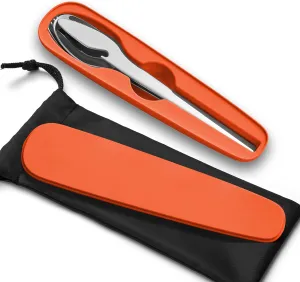 Personalized Custom Engraved Travel Utensils With Case, 18/10 Stainless Steel Portable Utensils Set Reusable Silverware for Lunch, Portable Cutlery Set Include Knife Fork Spoon (Orange)
