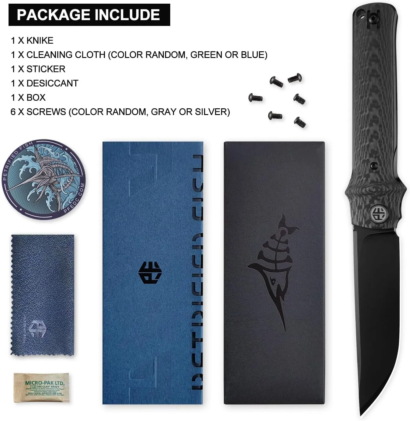 Petrified fish PFB04 Tena Folding Knife, 3.82" D2 Black Stonewashed Blade Carbon Fiber Handle Pocket Knife for EDC Camping Outdoor (Carbon Fiber Black Stonewashed)