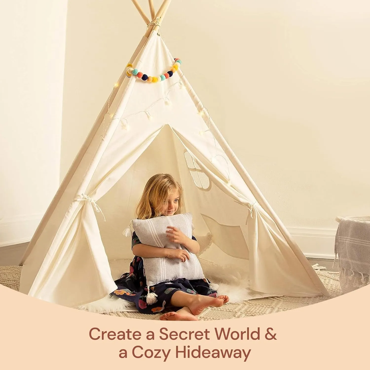 PlayVibe Kids Teepee Tent - Baby, Toddler Play Tents with Light String & Star LED Lights, Children Reading Nook Tee Pee Tents, Party Teepee Shelter Canvas for Girls & Boys, Playroom, Indoor & Outdoor