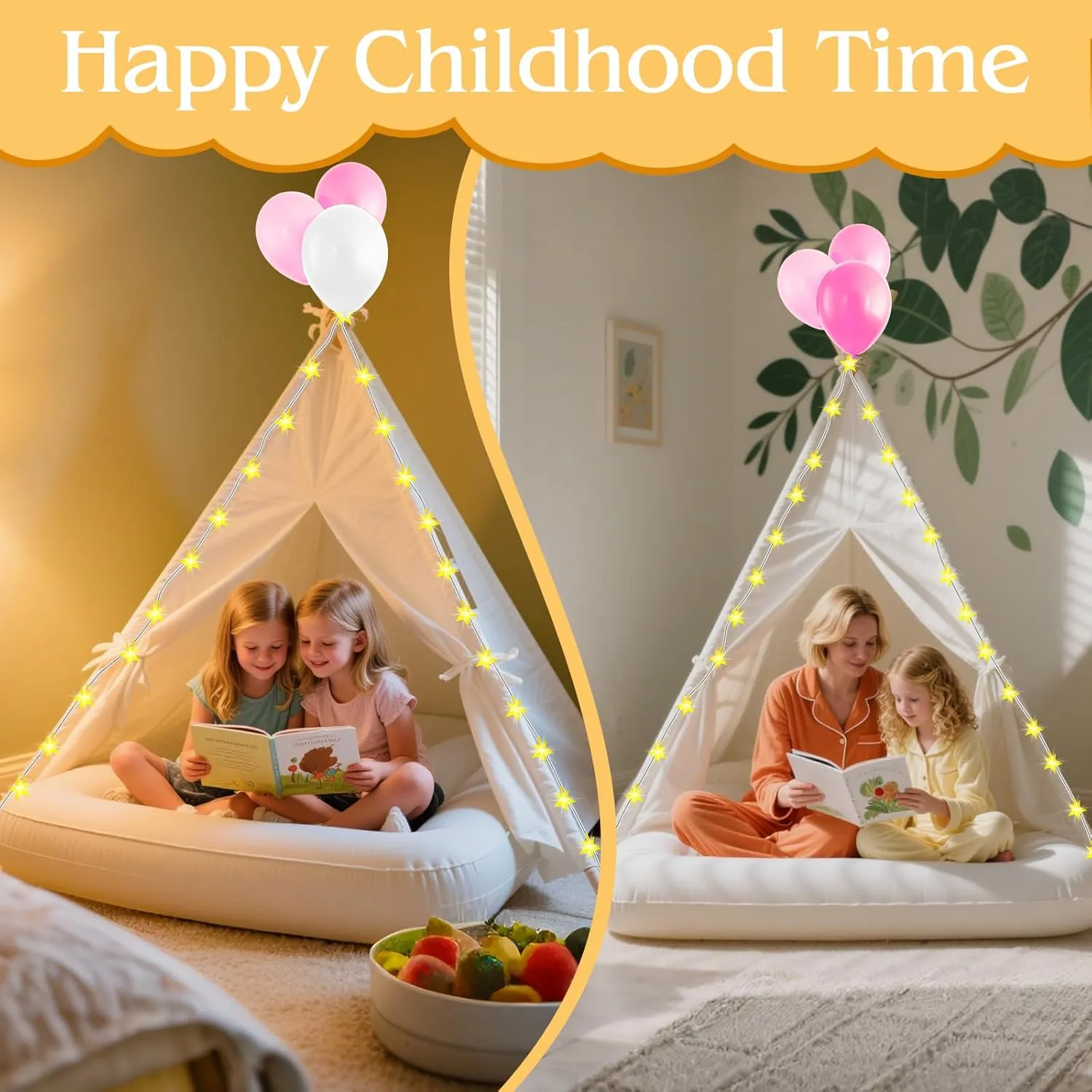 PLULON Teepee Tent for Kids Slumber Party, Sleepover Tents for Girls Party, Play Indoor with Inflatable Airbed and Decorations Accessories Foldable Playhouse Christmas Birthday Gift