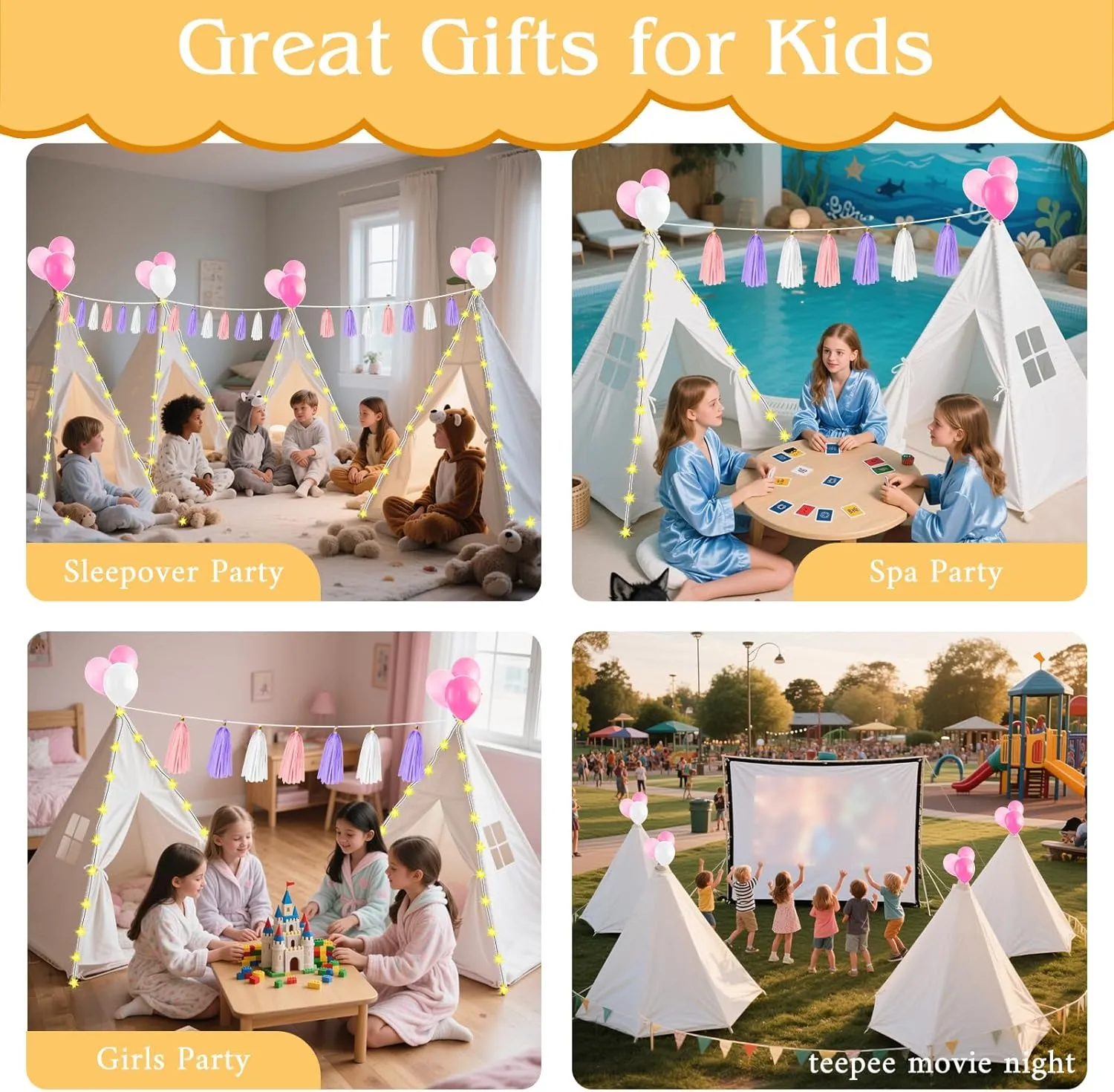 PLULON Teepee Tent for Kids Slumber Party, Sleepover Tents for Girls Party, Play Indoor with Inflatable Airbed and Decorations Accessories Foldable Playhouse Christmas Birthday Gift