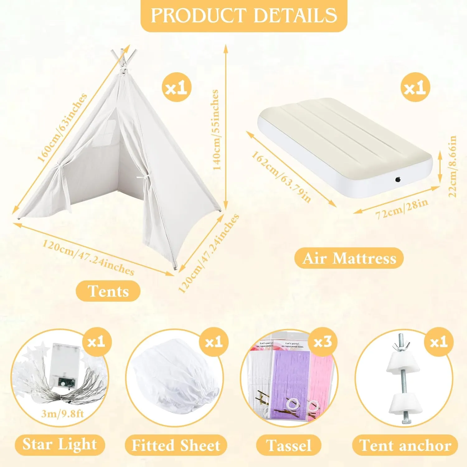 PLULON Teepee Tent for Kids Slumber Party, Sleepover Tents for Girls Party, Play Indoor with Inflatable Airbed and Decorations Accessories Foldable Playhouse Christmas Birthday Gift
